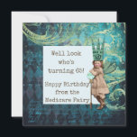 Funny Happy 65th Birthday Medicare Fairy Card<br><div class="desc">Awesome birthday card for those who are coming of "Medicare Age" ! Whimsical altered art design features cute antique girl cutout with paper crown and scepter on a fancy distressed harlequin background. Text on front" Well look who's turning 65! Happy Birthday from the Medicare Fairy" Back of card is ready...</div>