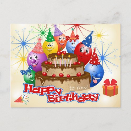 Funny Happy Birthday Balloons and Chocolate Cake Postcard