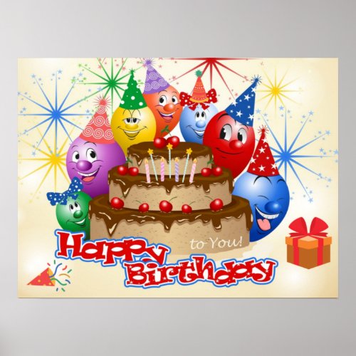 Funny Happy Birthday Balloons and Chocolate Cake  Poster