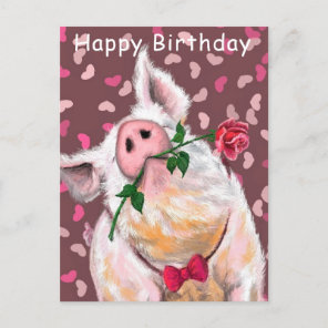 Funny Happy Birthday Card Gentleman Pig with Rose
