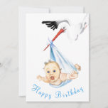 Funny Happy Birthday Card Stork Carrying Baby<br><div class="desc">Happy Birthday Cards - Stork Carrying Baby Funny MGNED Painting Design - Customizable - or Add Your Text / Name</div>