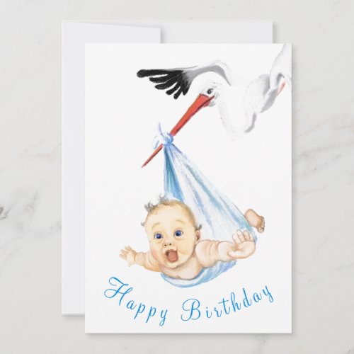 Funny Happy Birthday Card Stork Carrying Baby