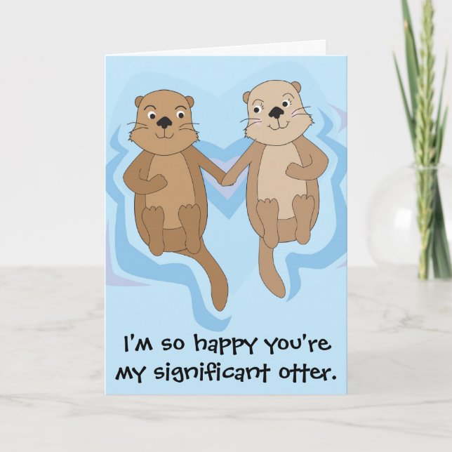 Funny Happy Birthday card w/ otters holding hands (Front)