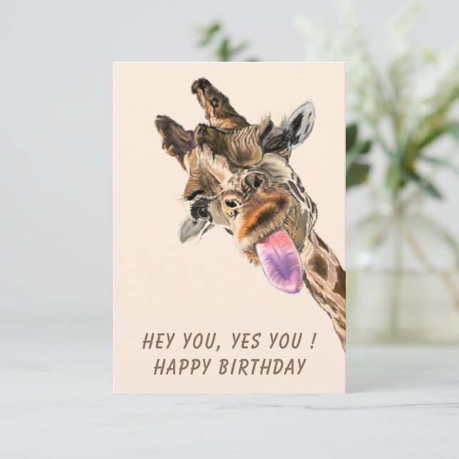 Funny Happy Birthday Card with Playful Giraffe (Standing Front)