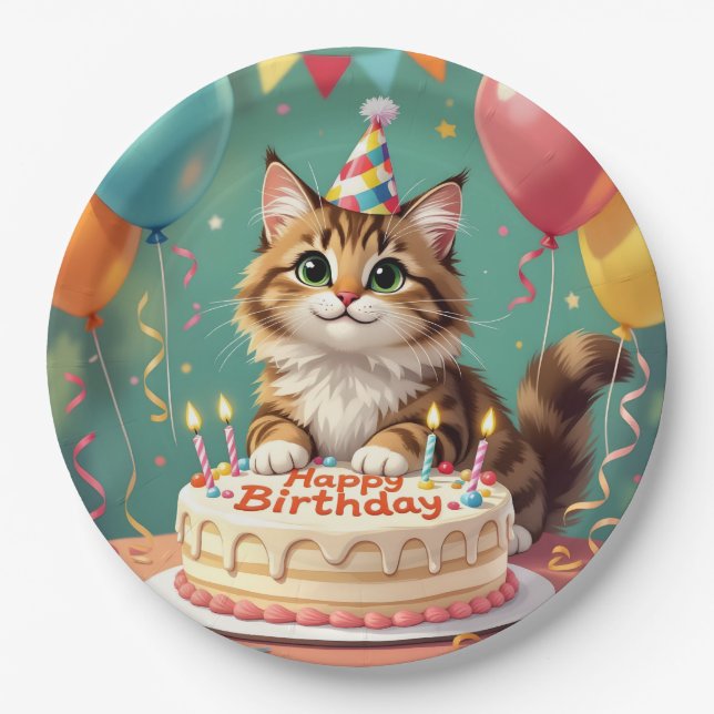 Funny happy birthday cat paper plates (Front)