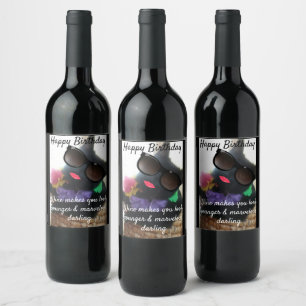 Funny Happy Birthday Cat Photo Humor Wine Label