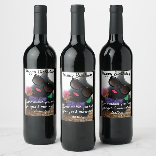 Funny Happy Birthday Cat Photo Humor Wine Label (Bottles)
