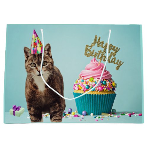 Funny Happy Birthday Cat with Cupcake Large Gift Bag