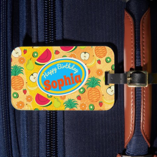 Funny happy birthday colorful fruit label Cheerful Luggage Tag