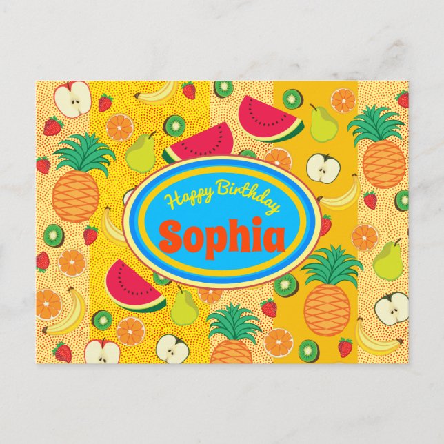 Funny happy birthday colorful fruit label Cheerful Postcard (Front)