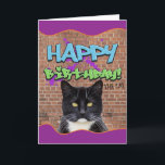 Funny Happy Birthday Graffiti from The Cat Card<br><div class="desc">Ever wonder what cats do at night? They're not just prowling around looking for Pussy (sorry),  they're graffiti artists! This cool tuxedo cat has sprayed "Happy Birthday" and signed it "The Cat". Fun birthday card from a cat to cat lovers.</div>