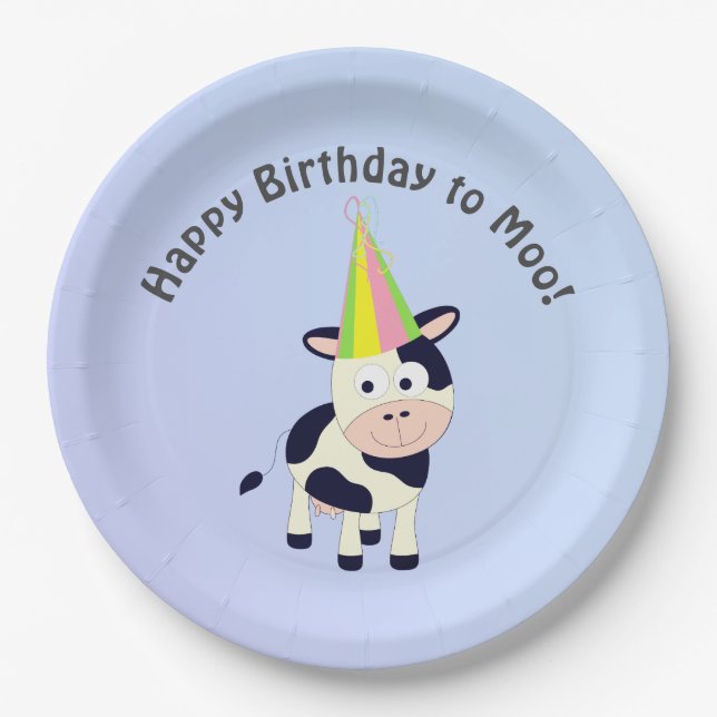 Funny Happy Birthday to Moo Cute Party Cow Paper Plates (Front)