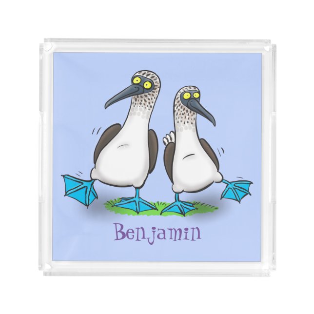 Funny, happy blue footed boobies dancing cartoon acrylic tray (Front)