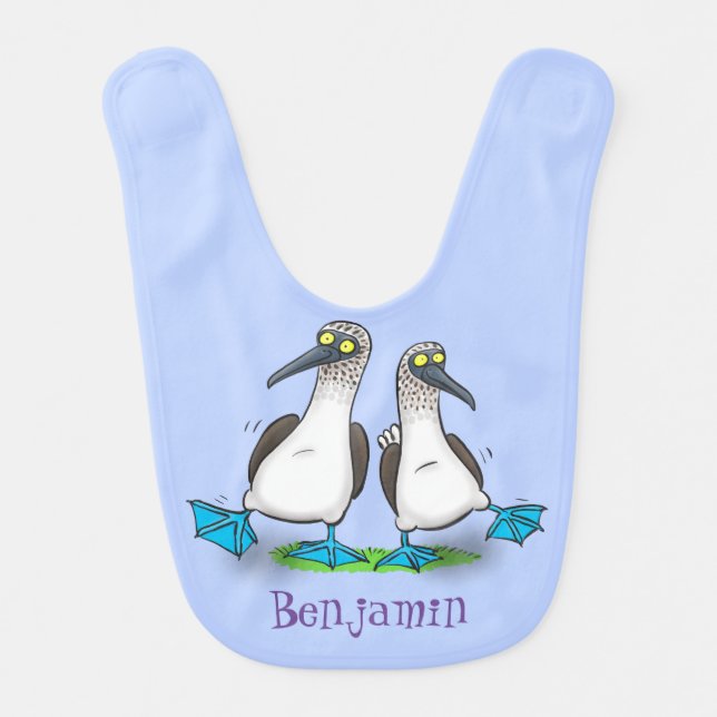 Funny, happy blue footed boobies dancing cartoon baby bib (Front)