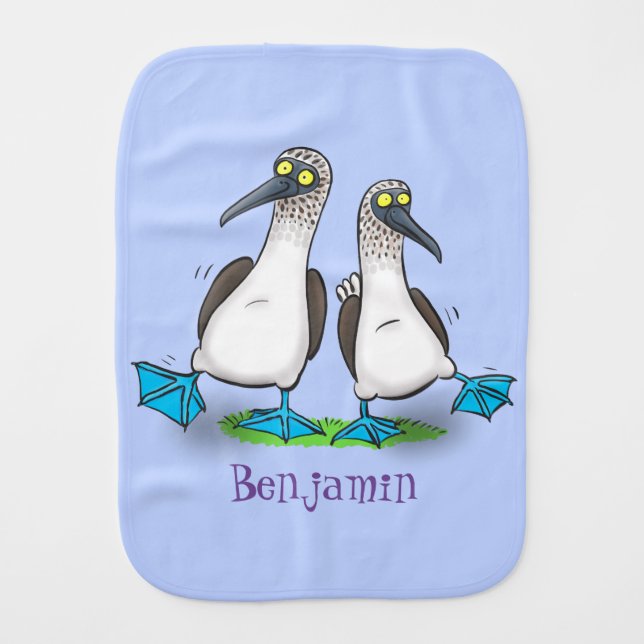 Funny, happy blue footed boobies dancing cartoon baby burp cloth (Front)