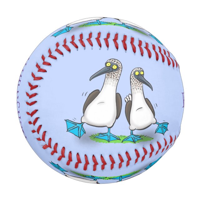 Funny, happy blue footed boobies dancing cartoon baseball (Front Left)