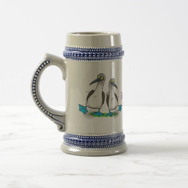 Funny, happy blue footed boobies dancing cartoon beer stein (Left)