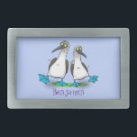 Funny, happy blue footed boobies dancing cartoon belt buckle<br><div class="desc">We love blue footed boobies! These comical goofy sea birds with their bright blue webbed feet are just fun! All drawn in cartoon style!</div>
