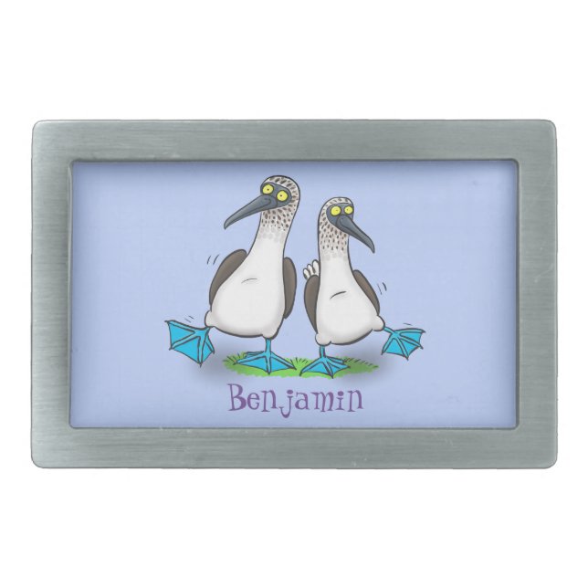 Funny, happy blue footed boobies dancing cartoon belt buckle (Front)