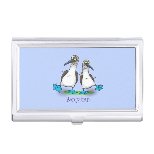 Funny, happy blue footed boobies dancing cartoon business card case (Front)