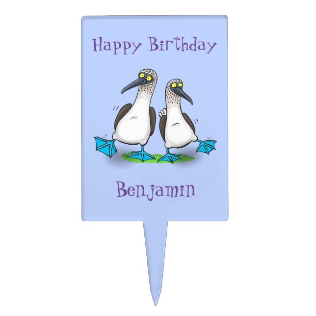 Funny, happy blue footed boobies dancing cartoon cake topper (Front)