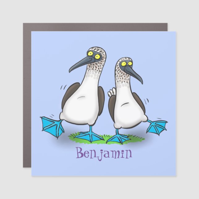 Funny, happy blue footed boobies dancing cartoon car magnet (Front)