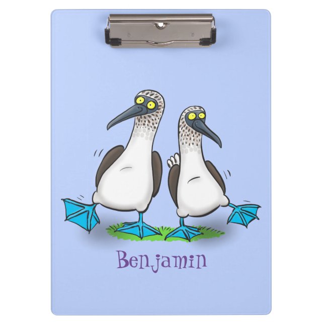 Funny, happy blue footed boobies dancing cartoon clipboard (Front)