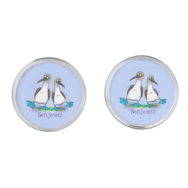 Funny, happy blue footed boobies dancing cartoon cufflinks (Front)