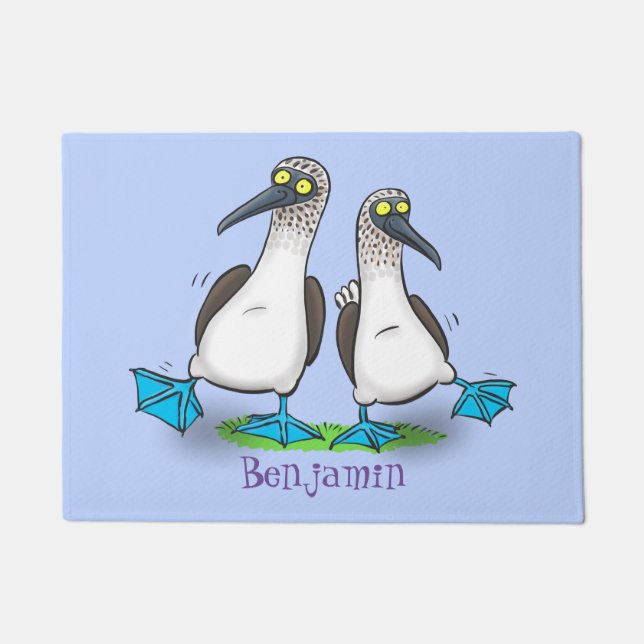 Funny, happy blue footed boobies dancing cartoon doormat (Front)