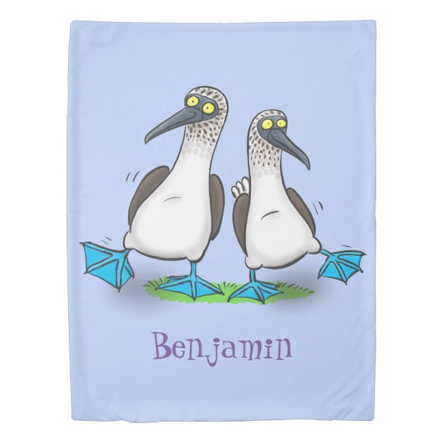 Funny, happy blue footed boobies dancing cartoon duvet cover (Front)