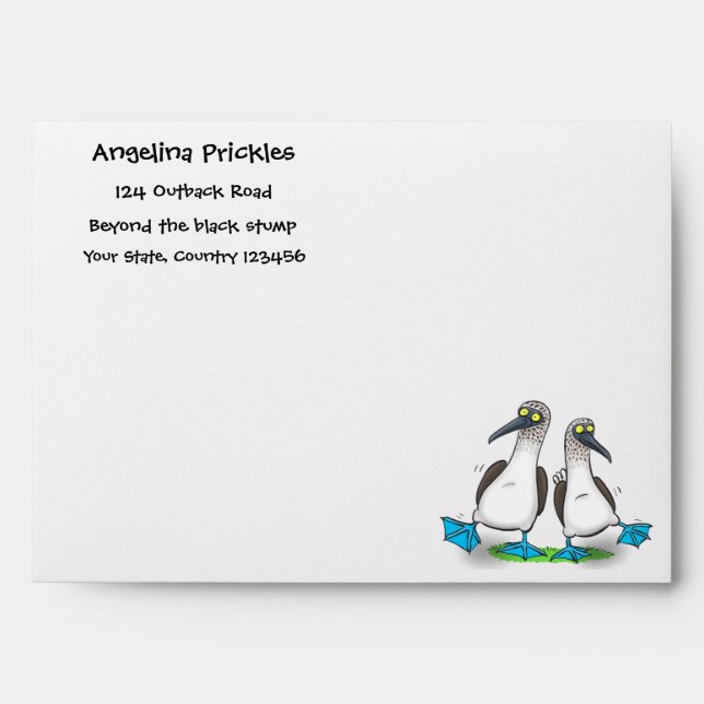 Funny, happy blue footed boobies dancing cartoon envelope (Front)