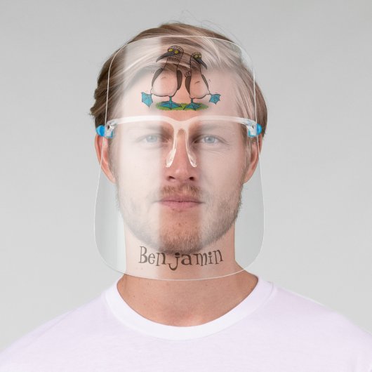 Funny, happy blue footed boobies dancing cartoon face shield (Insitu)