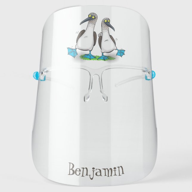 Funny, happy blue footed boobies dancing cartoon  face shield (Front)