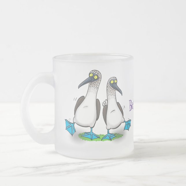 Funny, happy blue footed boobies dancing cartoon frosted glass coffee mug (Left)