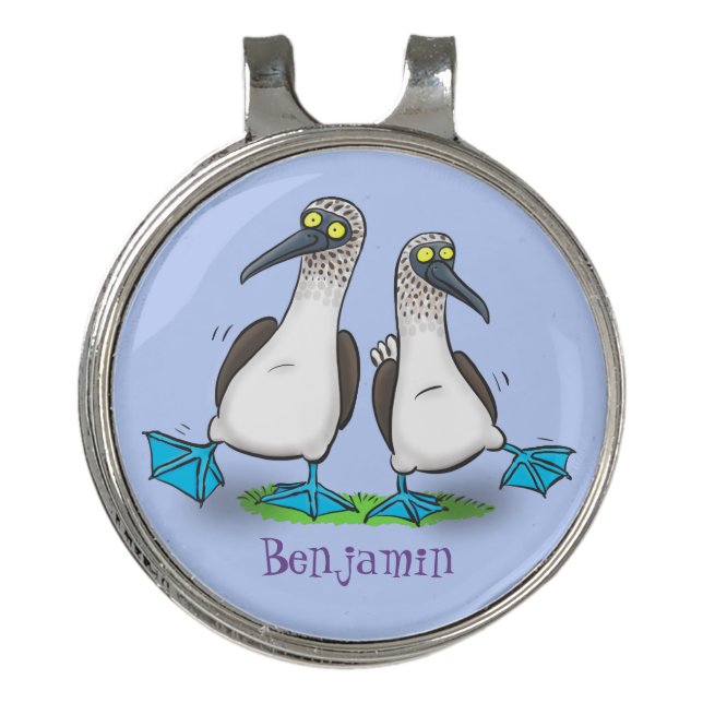 Funny, happy blue footed boobies dancing cartoon golf hat clip (Front)