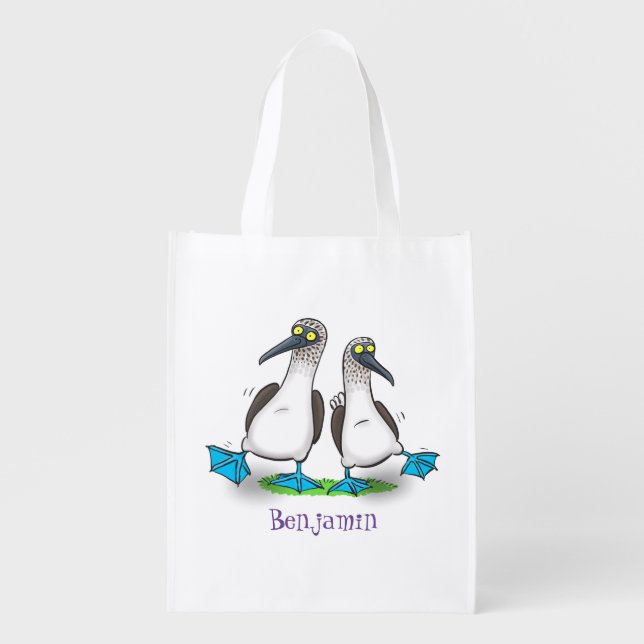 Funny, happy blue footed boobies dancing cartoon grocery bag (Front)