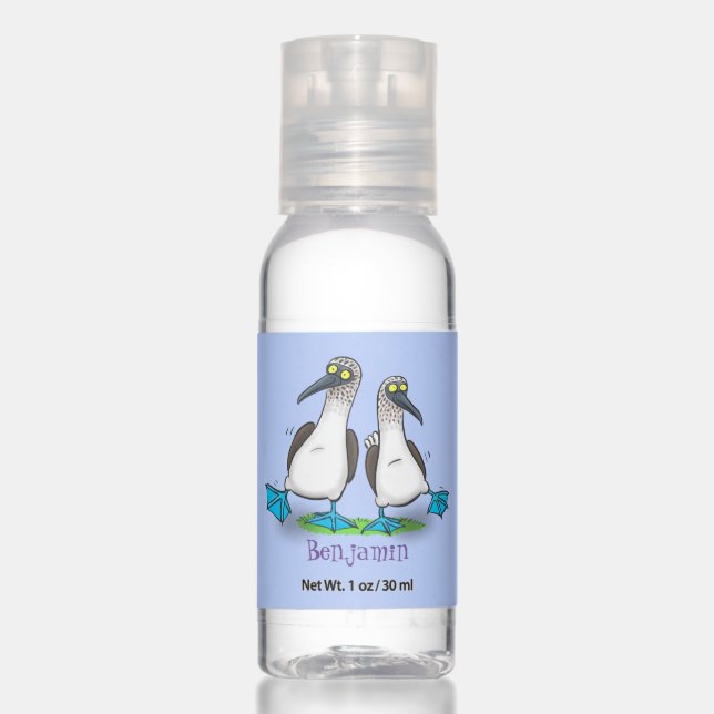 Funny, happy blue footed boobies dancing cartoon hand sanitizer (Front)