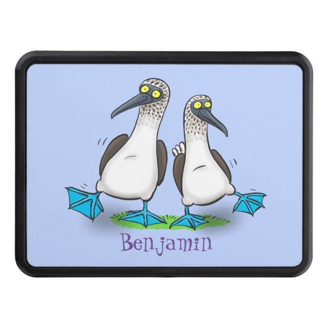 Funny, happy blue footed boobies dancing cartoon hitch cover (Front)