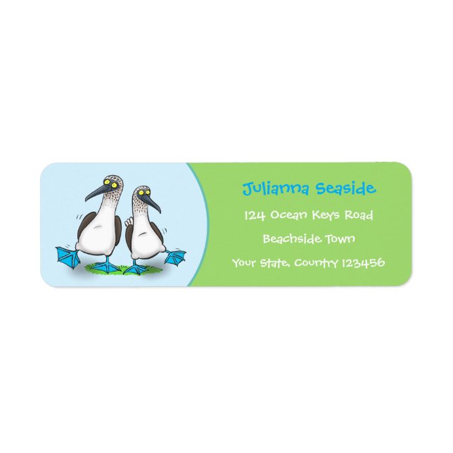 Funny, happy blue footed boobies dancing cartoon label (Front)