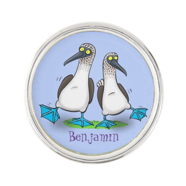 Funny, happy blue footed boobies dancing cartoon lapel pin (Front)