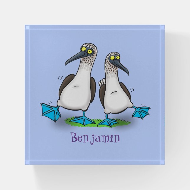 Funny, happy blue footed boobies dancing cartoon paperweight (Front)