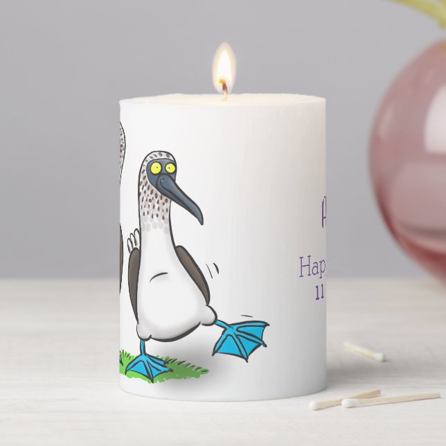 Funny, happy blue footed boobies dancing cartoon  pillar candle (In Situ)