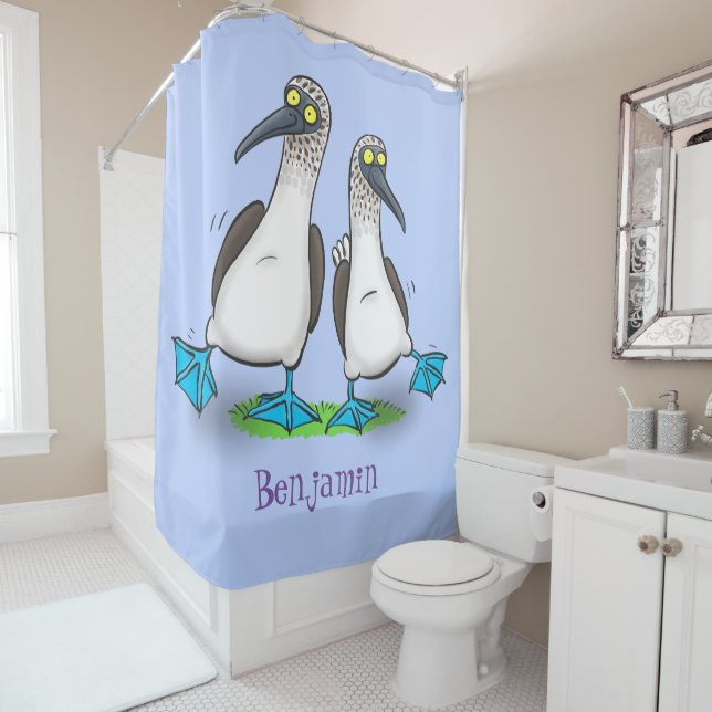 Funny, happy blue footed boobies dancing cartoon shower curtain (In Situ)