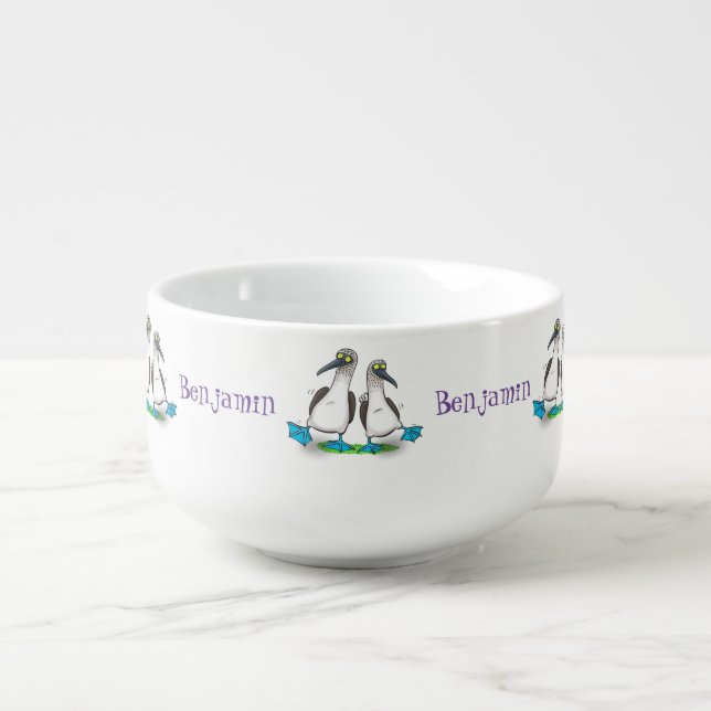 Funny, happy blue footed boobies dancing cartoon soup mug (Front)