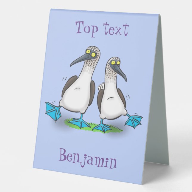 Funny, happy blue footed boobies dancing cartoon table tent (Front)