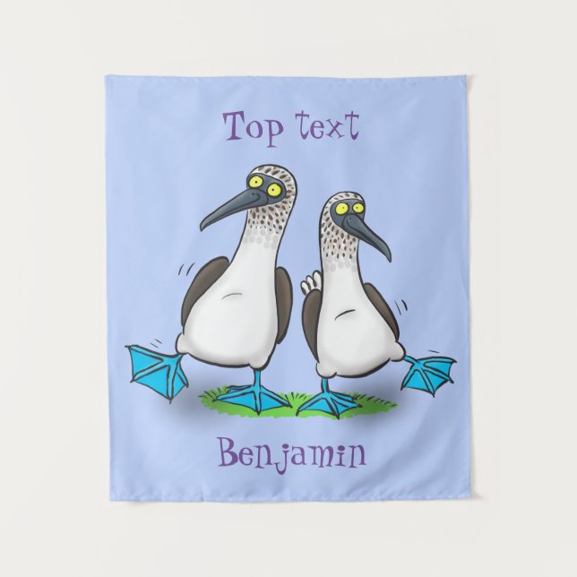 Funny, happy blue footed boobies dancing cartoon tapestry (Front)