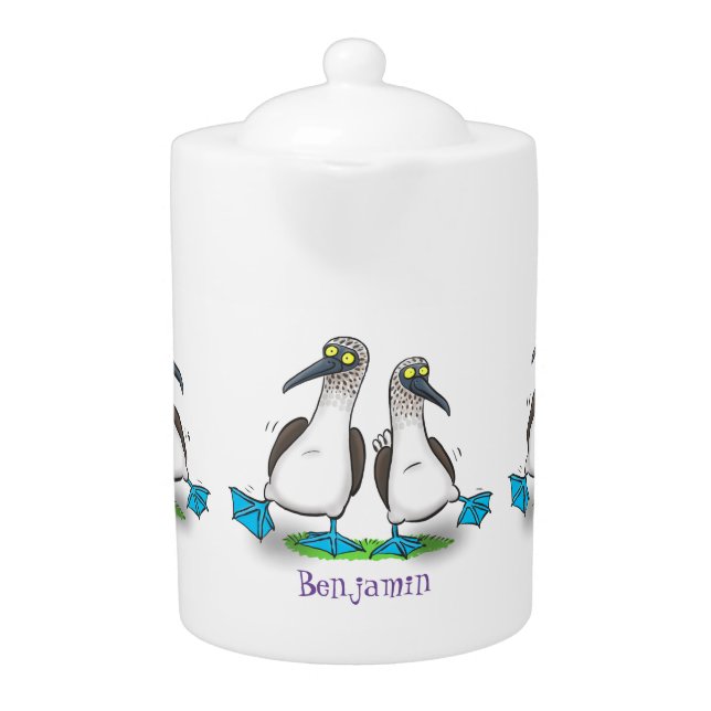 Funny, happy blue footed boobies dancing cartoon teapot (Front)