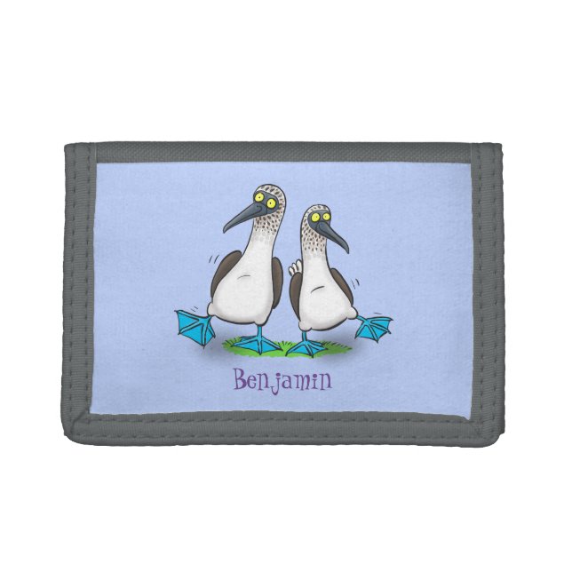 Funny, happy blue footed boobies dancing cartoon trifold wallet (Front)