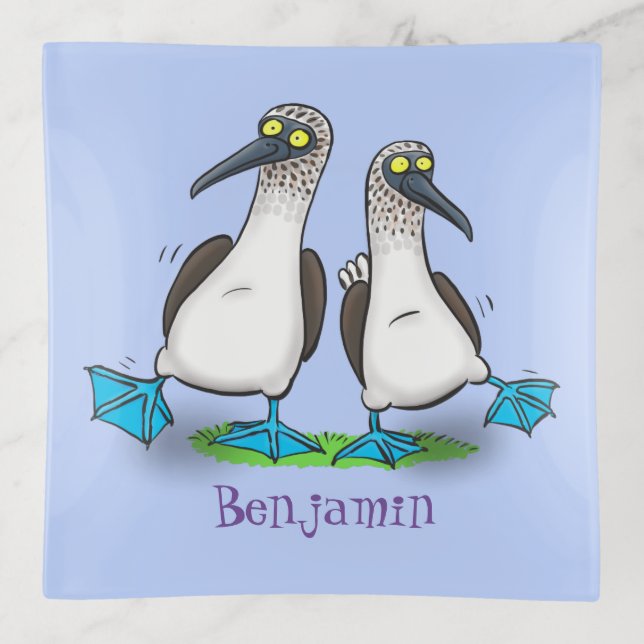 Funny, happy blue footed boobies dancing cartoon trinket tray (Front)