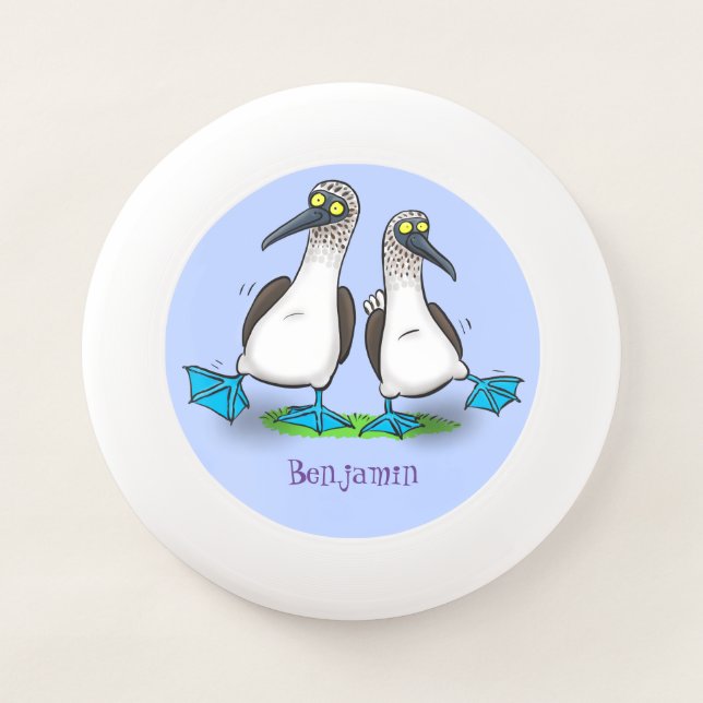 Funny, happy blue footed boobies dancing cartoon Wham-O frisbee (Front)